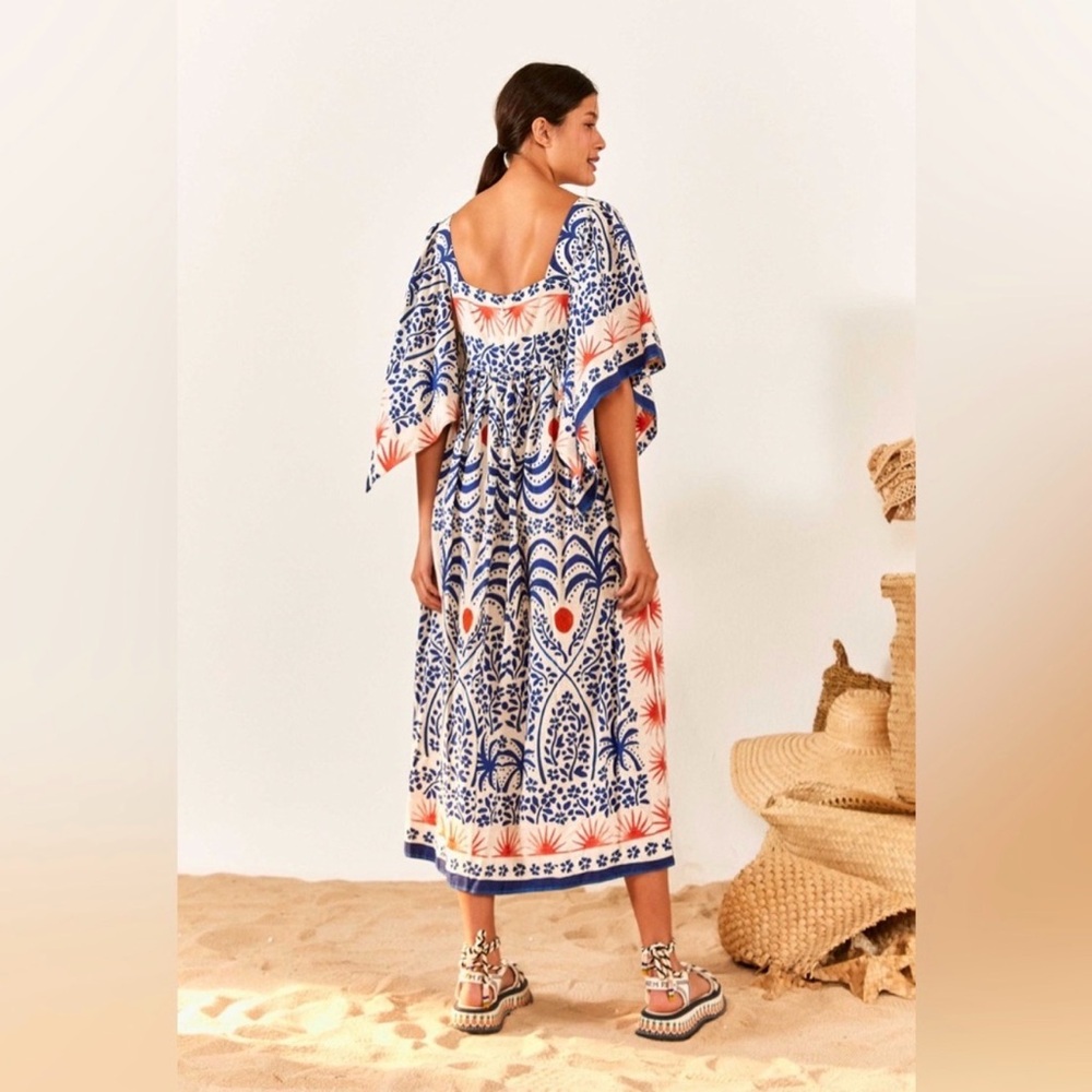 FARM Rio Blue & White Maxi Dress with Orange Accents